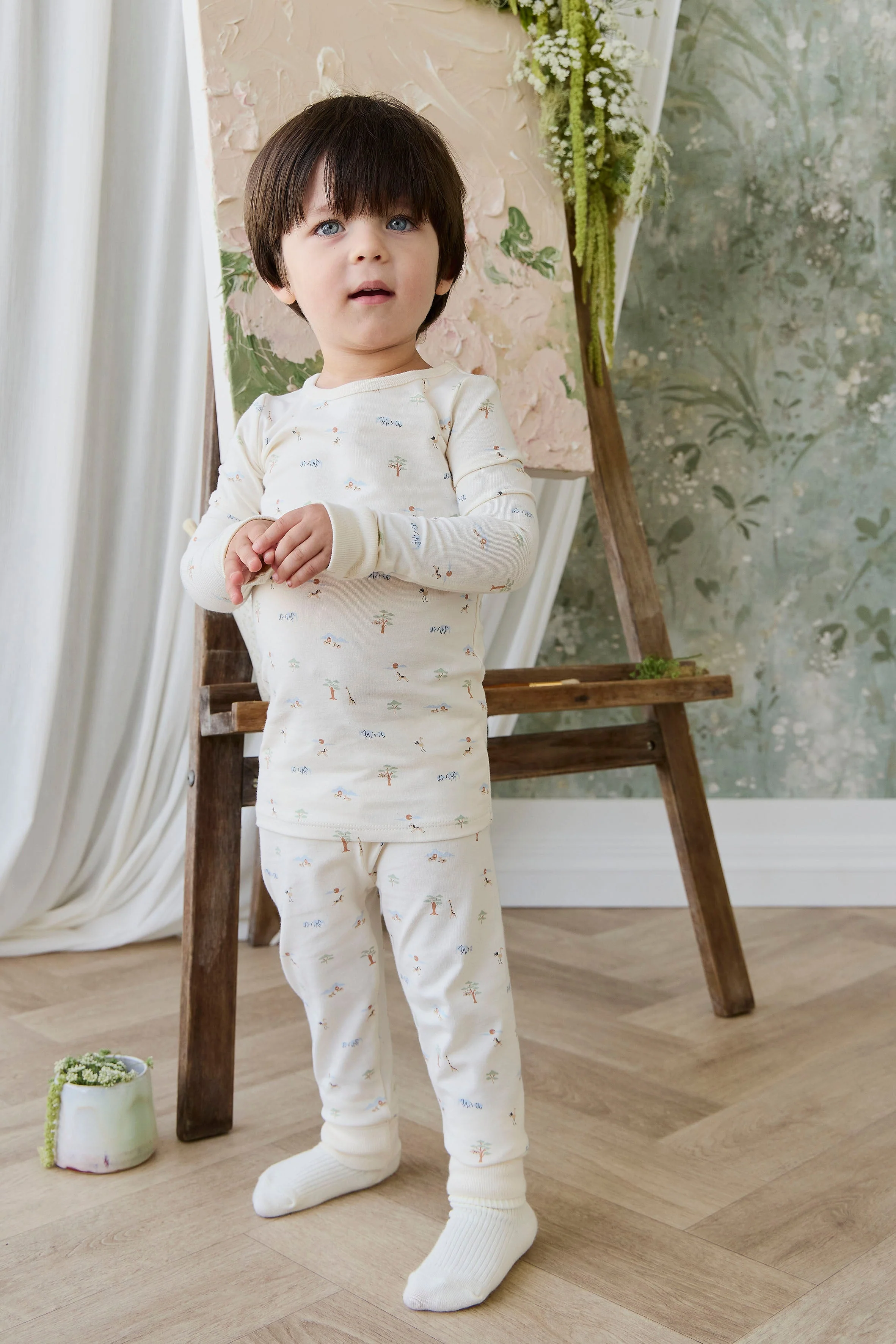 Organic Cotton Amory Long Sleeve Pyjama Set - Savannah Animals Tofu - Image 3