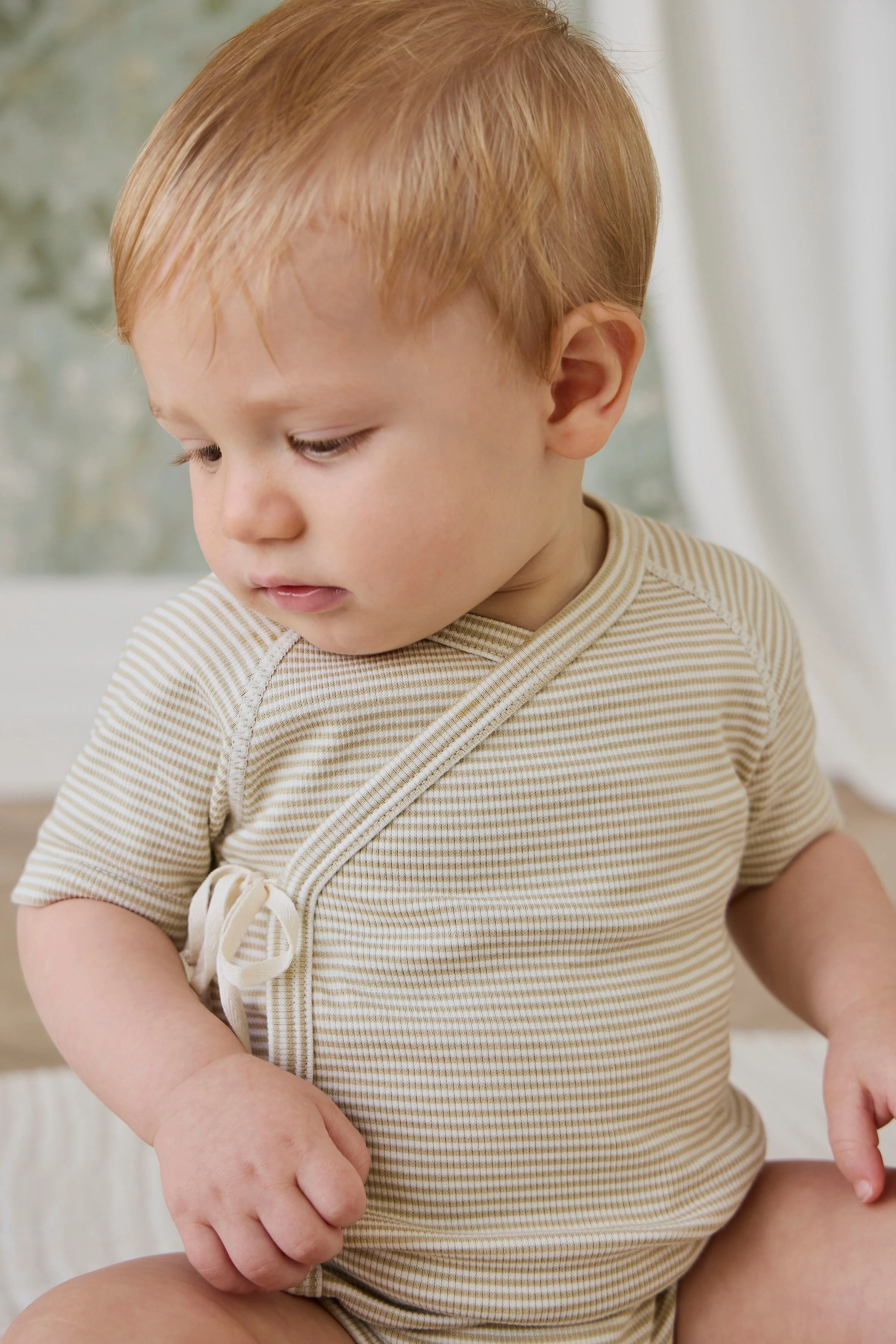 Organic Cotton Fine Rib Micah Short Sleeve Playsuit - Petite Stripe Hay/Cloud - Image 3